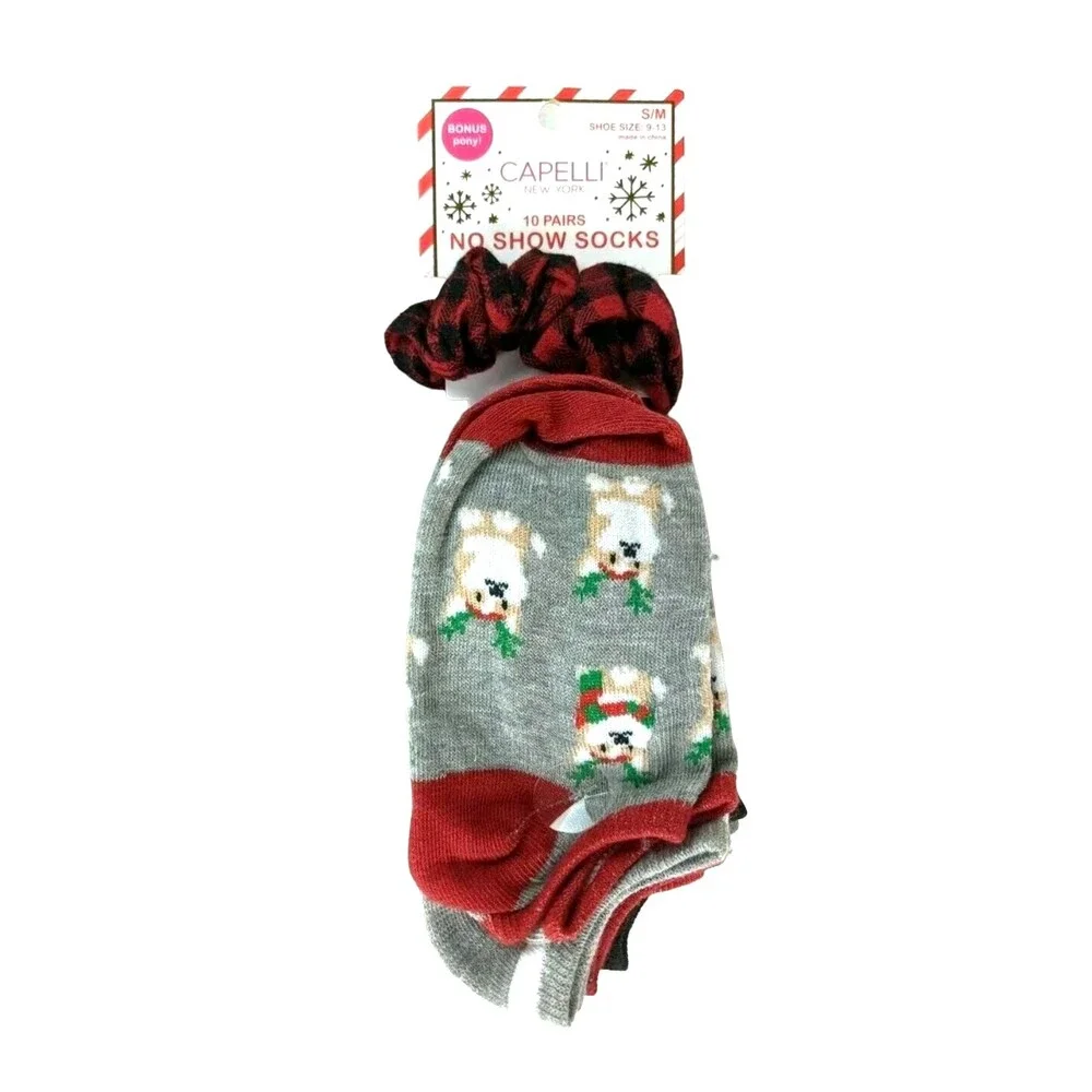 NWT - Capelli NY 10 Pr Girls Christmas Print No Show Socks + Hair Scrunchy S/M